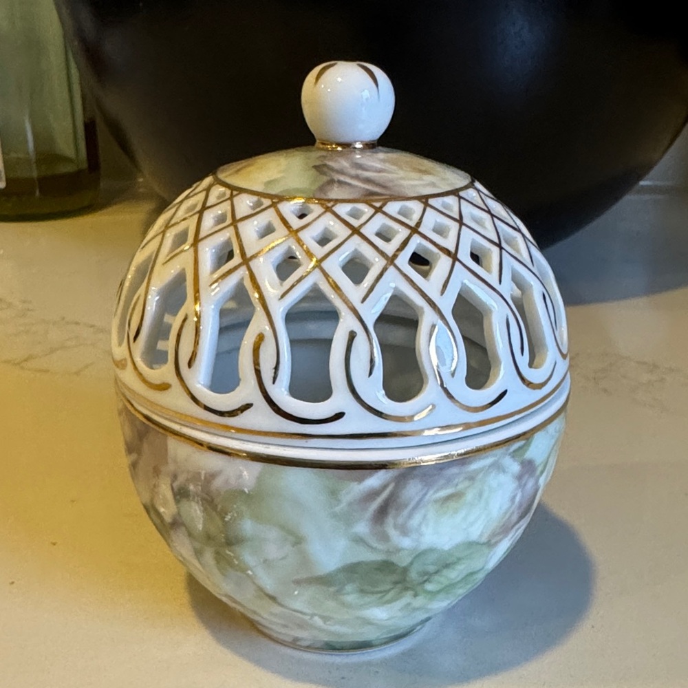 Vintage Skye McGhie Antique Rose Ceramic Jar with Gold Detailing